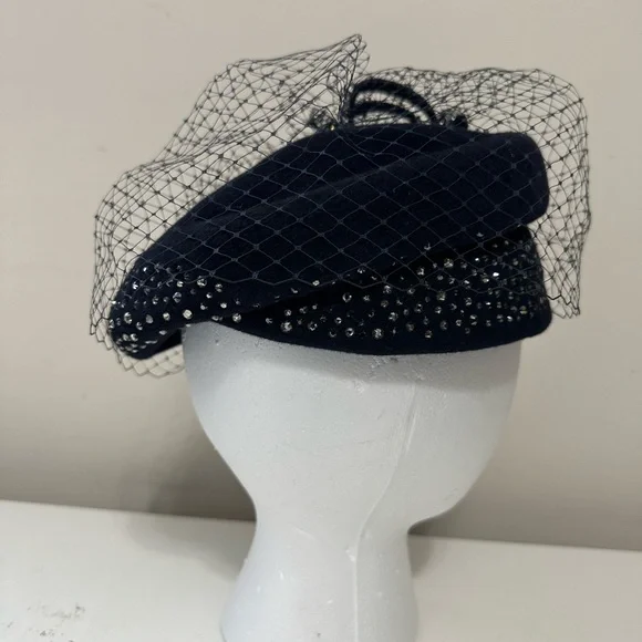 Diva blue Rabbit Hair pillbox hat with a net veil and rhinestone embellishment Diva blue Rabbit Hair pillbox hat with a net | Mercari main image 4